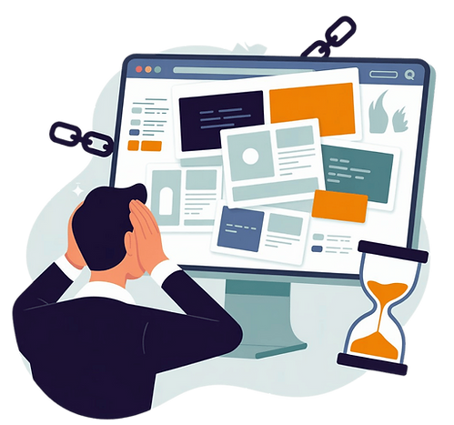 Illustration of a frustrated business owner struggling with a bad website, symbolizing lost opportunities, in NorthBeam Studio brand colors.
