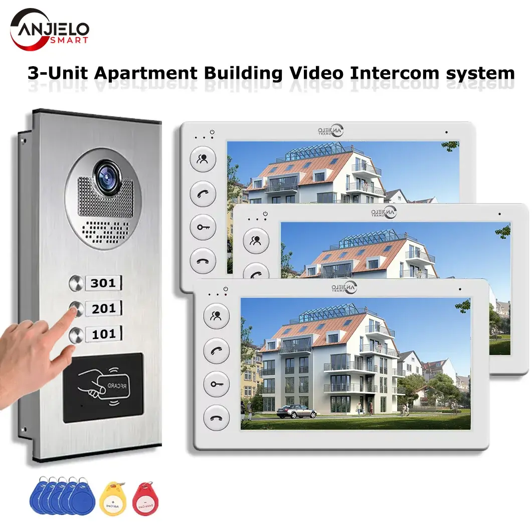 ANJIELO 3 Unit Multi Apartments Intercom Video Doorbell with RFID Card Unlock 7i