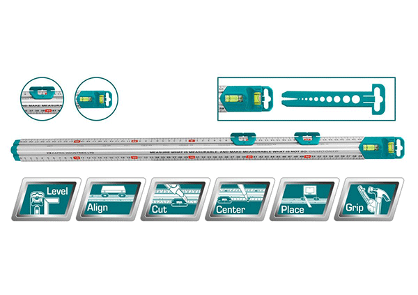 مسطرة قياس متعددة الوظائف مع مستوى مدمج، للمحاذاة، القطع، والتركيب