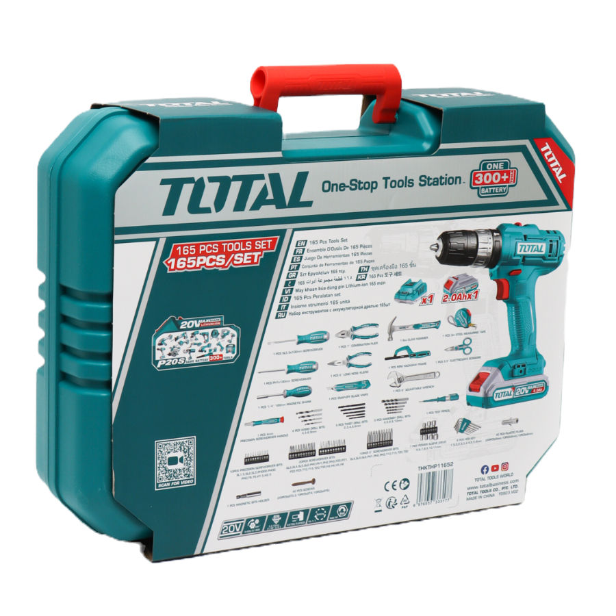 الصورة المصغرة: دريل شحن 20 فولت مع طقم عدة 165 قطعة توتال