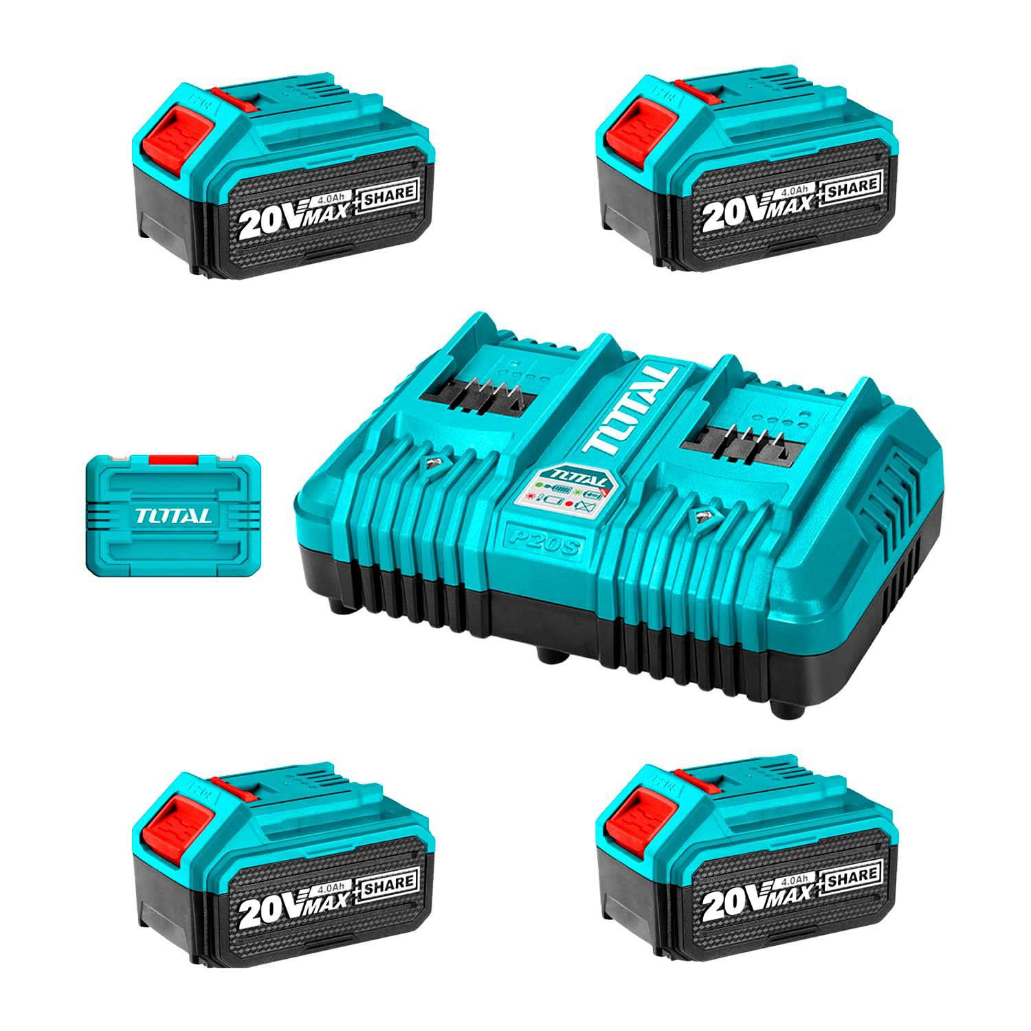طقم بطاريات 4 قطع مع شاحن مزدوج من توتال