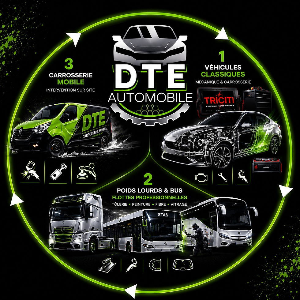 DTE Automobile : services pour véhicules classiques, poids lourds et carrosserie mobile.
