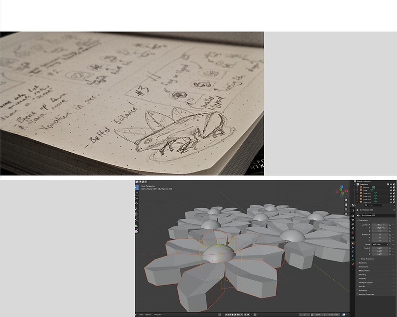 This shows the sketchpad where the designs are first drawn and a design that was created on 3D modeling software. It includes a small sketch of a frog on a lilypad. Behind the frog on the page are multiple boxes showing trial drawings of the nail set configurations. On the screen showing the 3D modelling software it shows 3D flowers all bunched together.