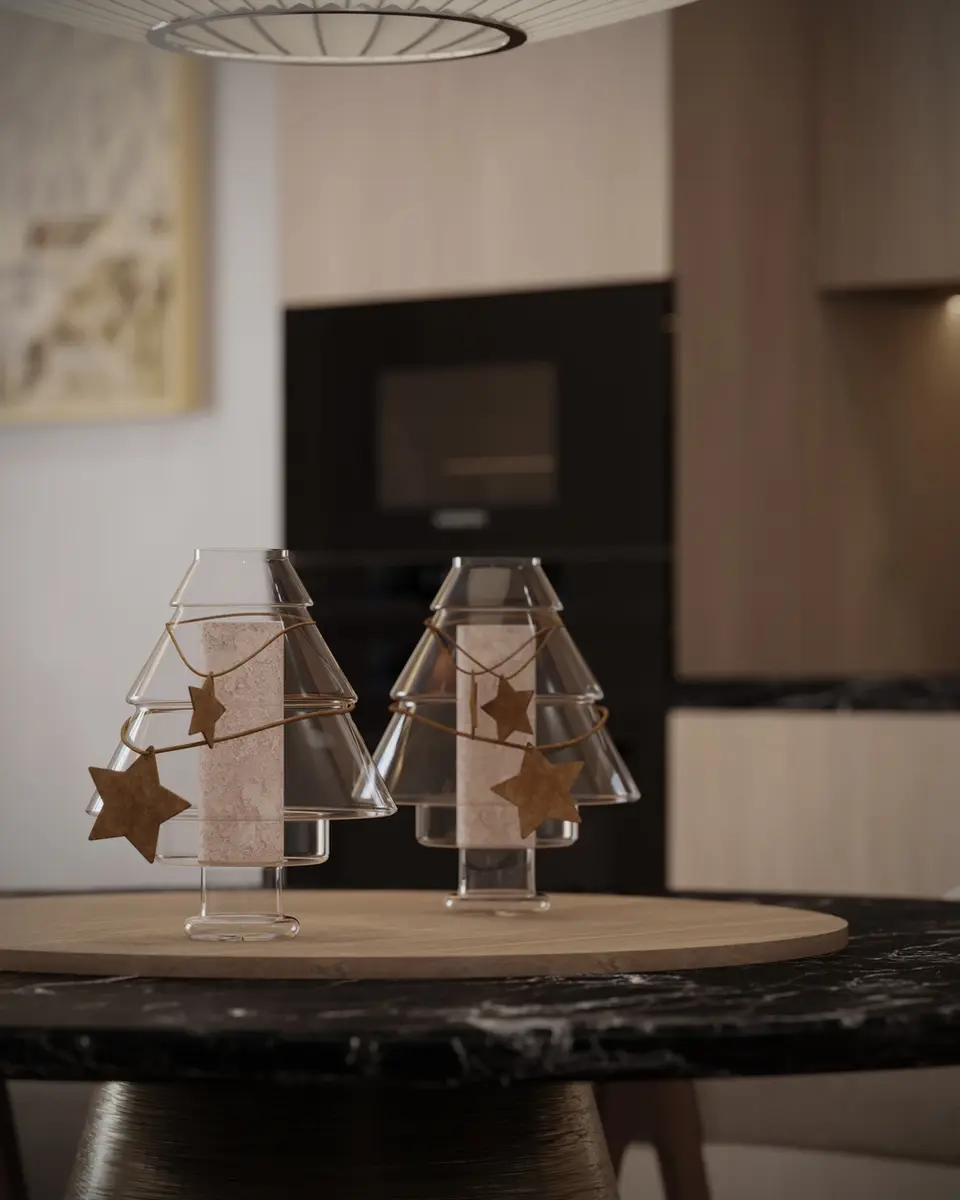 Two glass Christmas tree decorations sit on a round wooden table, Archviz