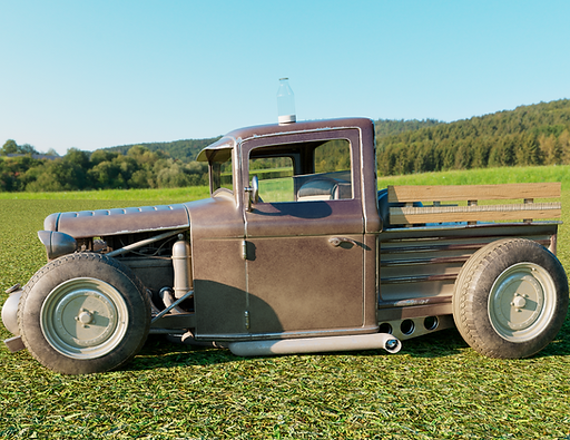 A custom-built hot rod truck with an exposed engine, matte brown finish, and a bottle placed on top, parked on a green field