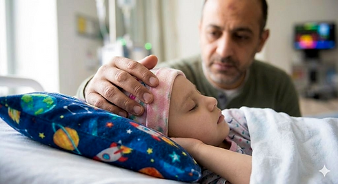 Man comforts sleeping child laying on colorful pillow in hospital bed