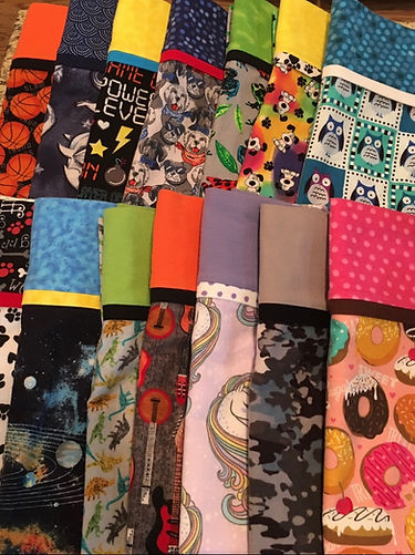 Colorful fabric with fun print used to make pillowcases.