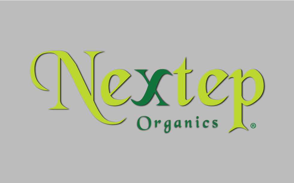 Nextep Organics green organic logo displayed on a muted gray background.