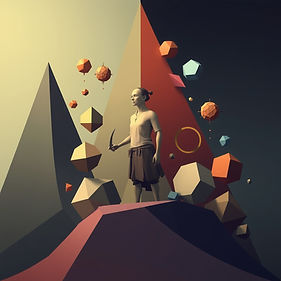 lifelike person surrounded by various shapes on a geometric side quest.jpg