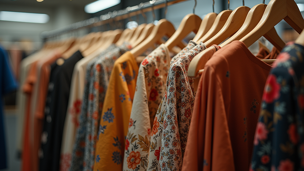 Eye-level view of a clothing rack featuring a bold patterned dress
