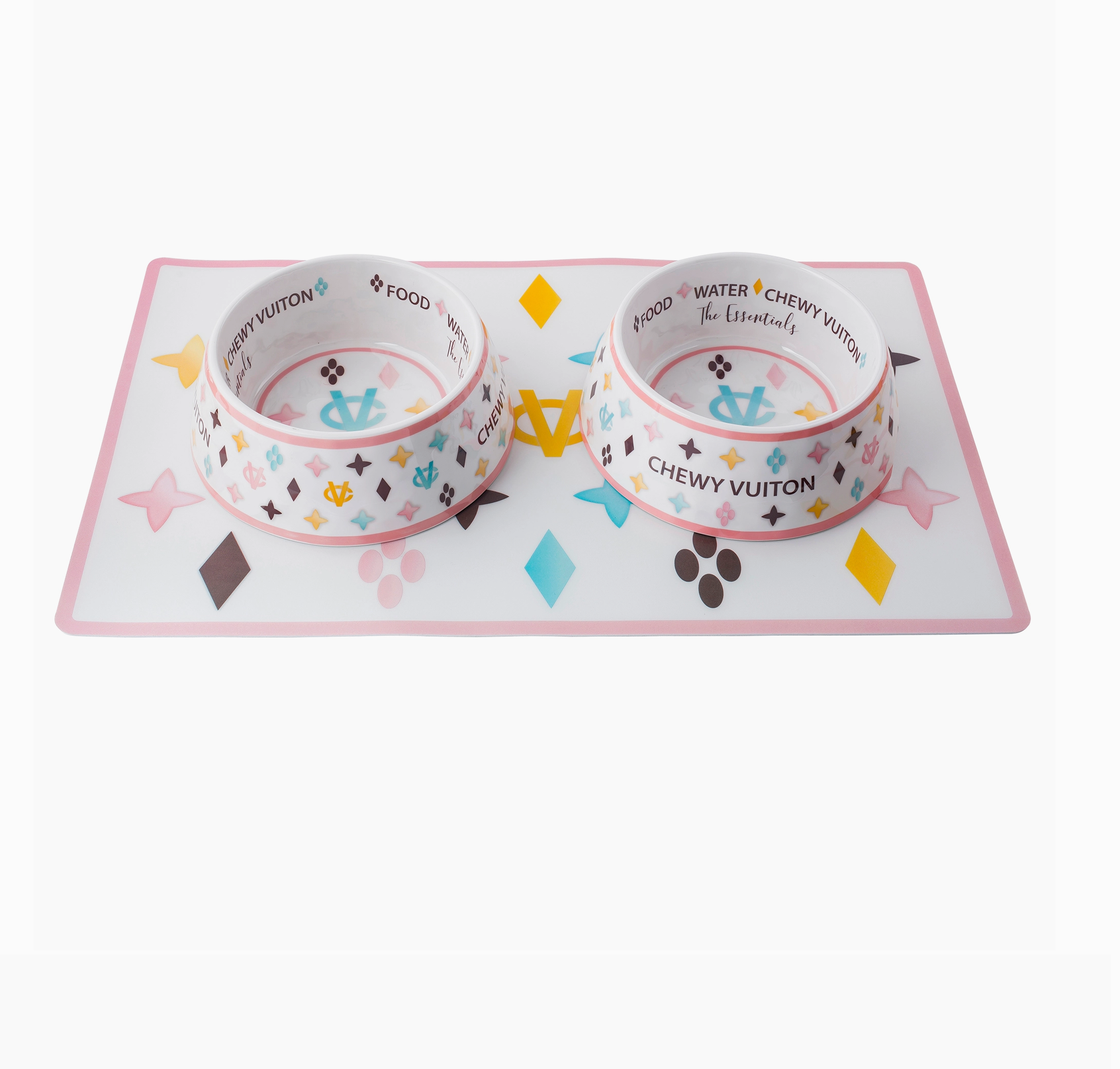 White Chewy Vuiton Bowls & Mat Set Dog Food Bowl