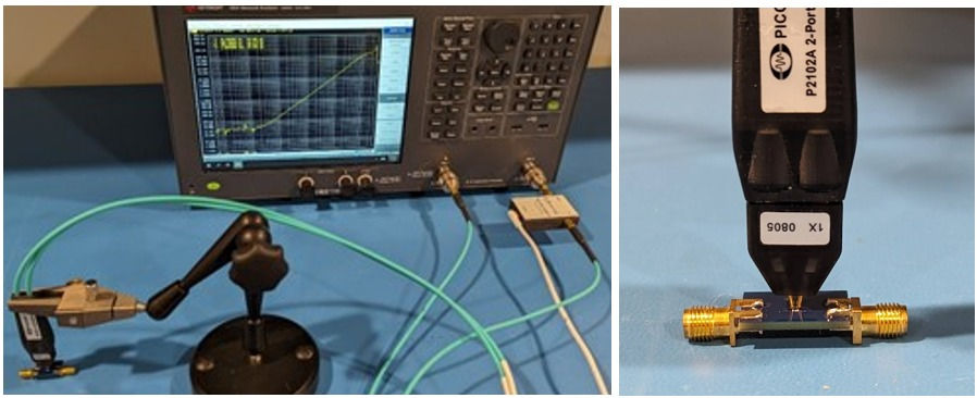 Measurement Setup with Keysight E5061B, P2102A 2-port Probe, J2114A Prototype Isolator, and Known DUT.