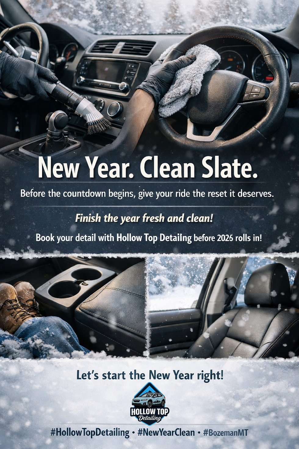 Professional winter car interior detailing with vacuum and detailing brushes, showing a clean and refreshed vehicle.