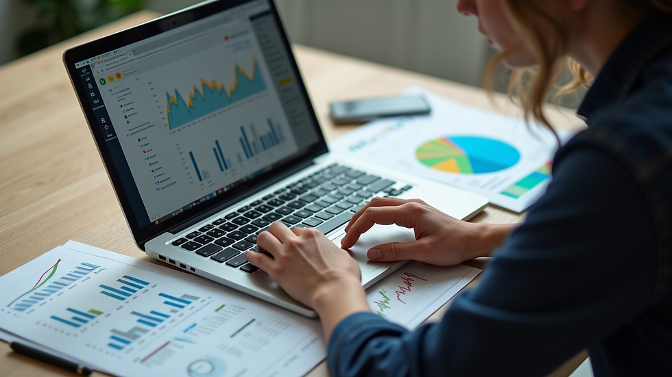 High angle view of a person working on a laptop with marketing charts