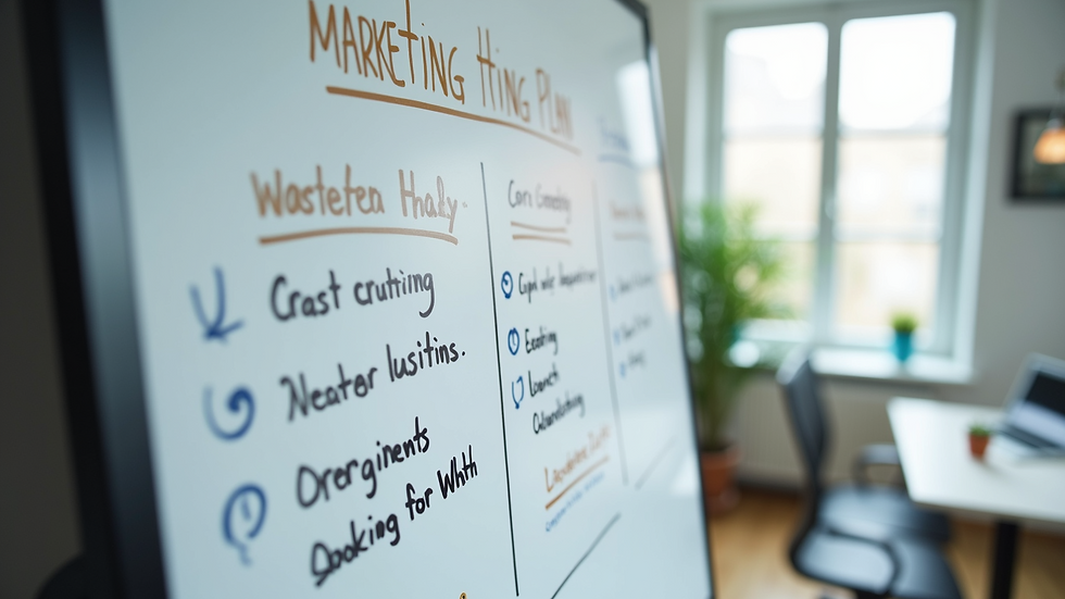 High angle view of a whiteboard with a detailed marketing plan and notes