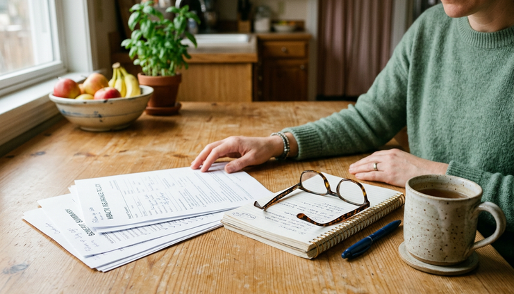Eye-level view of a kitchen table with health insurance papers and a mug beside a notebook