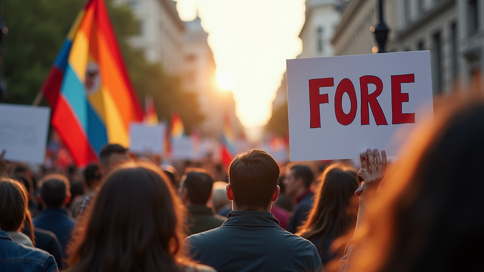 Eye-level view of a crowd attending a political rally with banners and signs.