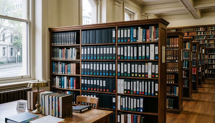 Wide-angle view of a quiet reference library with organised shelves and marked regulation folders