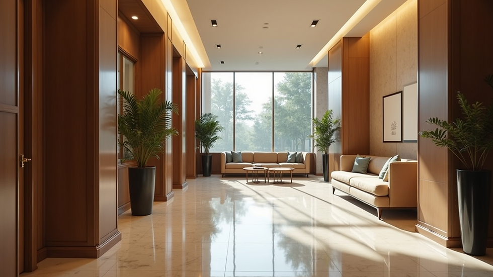 Wide angle view of a modern hotel lobby