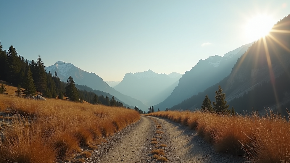Wide angle view of a trail leading to mountains in Mount Falcon Park