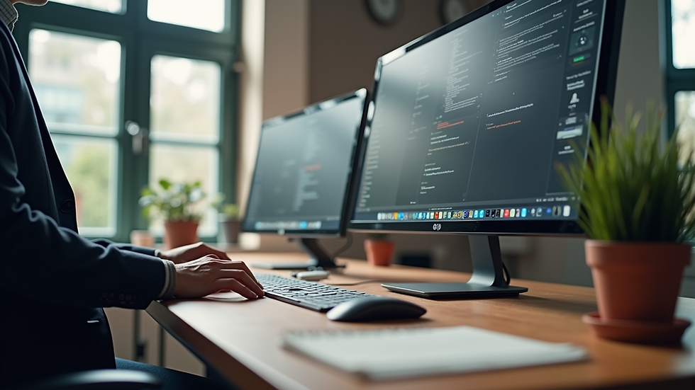 Eye-level view of a modern workspace with computer setup
