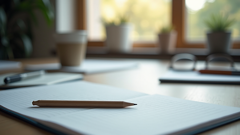Close-up view of a modern workspace with study materials
