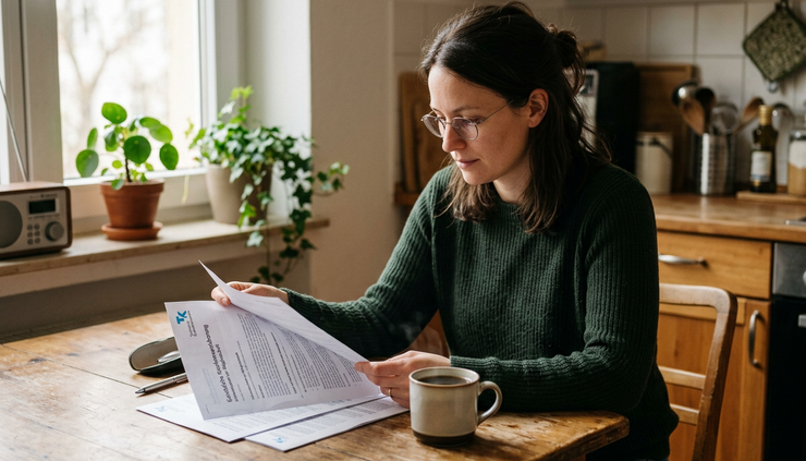 Eye-level view of a person reading German health insurance papers at a kitchen table
