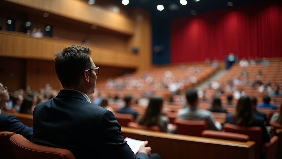 Wide angle view of a university auditorium hosting a guest lecture