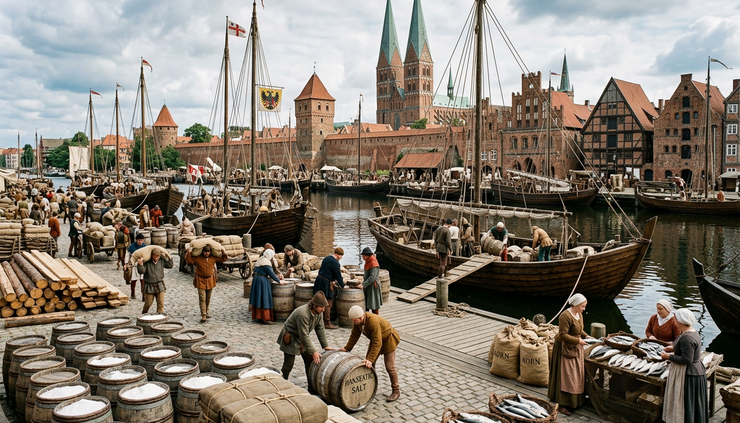 Wide-angle view of a medieval harbour in Lübeck with wooden ships and stacked trade goods