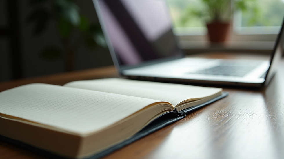 Close-up view of a desk with open notebooks and a laptop