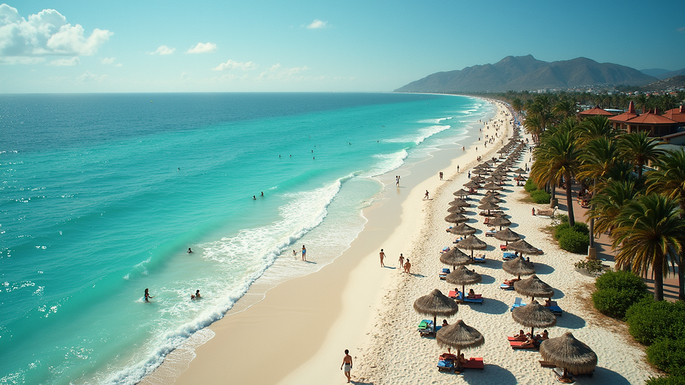 High angle view of a vibrant beach resort showcasing leisure activities