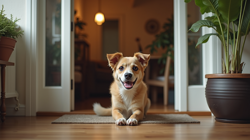 Eye-level view of a cozy home with a friendly dog waiting at the door