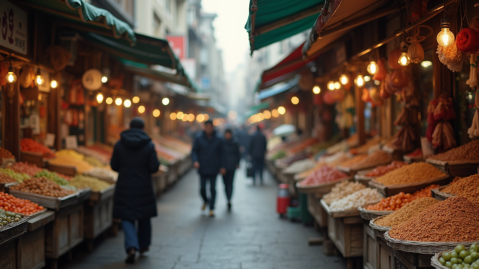Wide angle view of a bustling local market with diverse stalls
