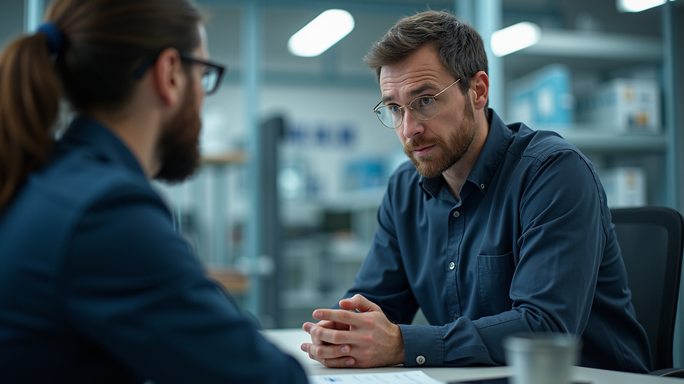 Eye-level view of a technical engineer explaining a product to a customer