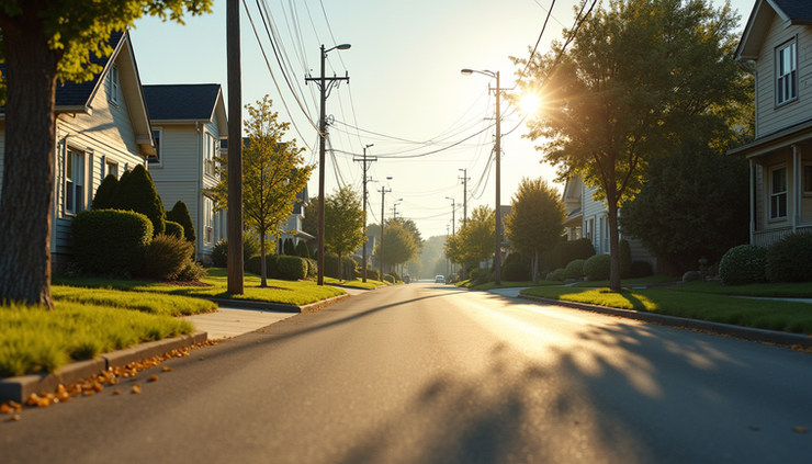 Eye-level view of a suburban neighborhood street with houses and trees