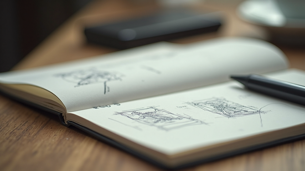 Eye-level view of notepad with notes and sketches