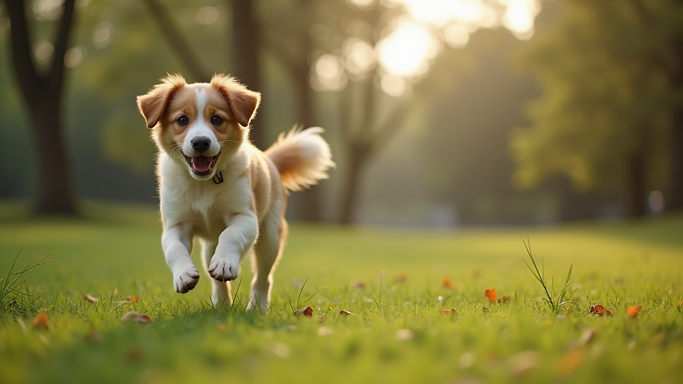 Eye-level view of a dog happily playing in a park