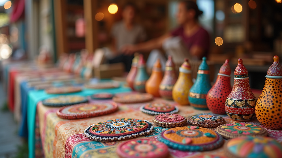 Close-up view of colorful artisan goods displayed at an outdoor fair