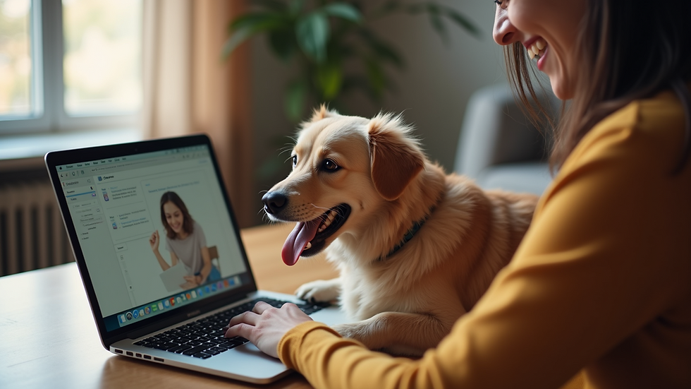 High angle view of a pet owner happily selecting a pet sitter on a laptop
