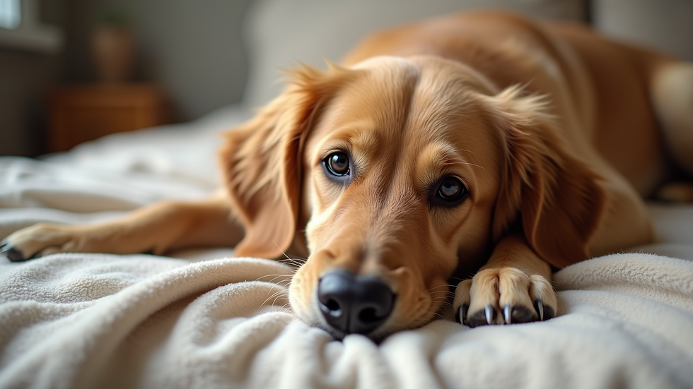 High angle view of a golden retriever laying happily on a soft blanket
