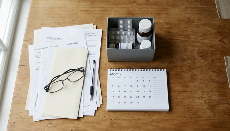 Top-down view of simple household papers arranged beside a medicine box and calendar.