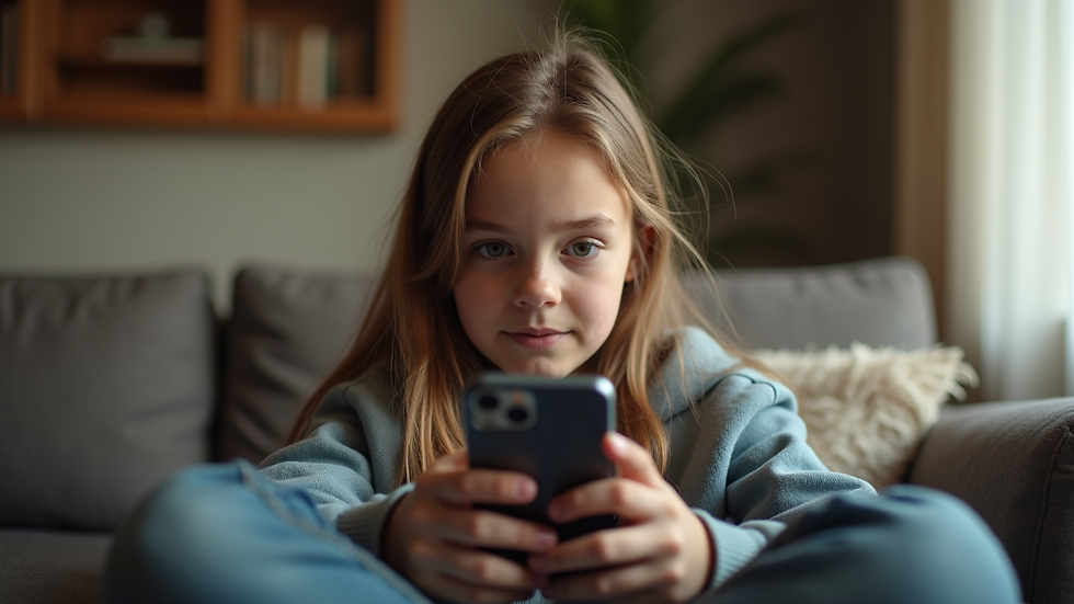 Eye-level view of a teen using a smartphone in a cozy home setting