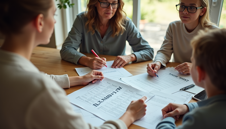 High angle view of a family reviewing financial documents at a kitchen table