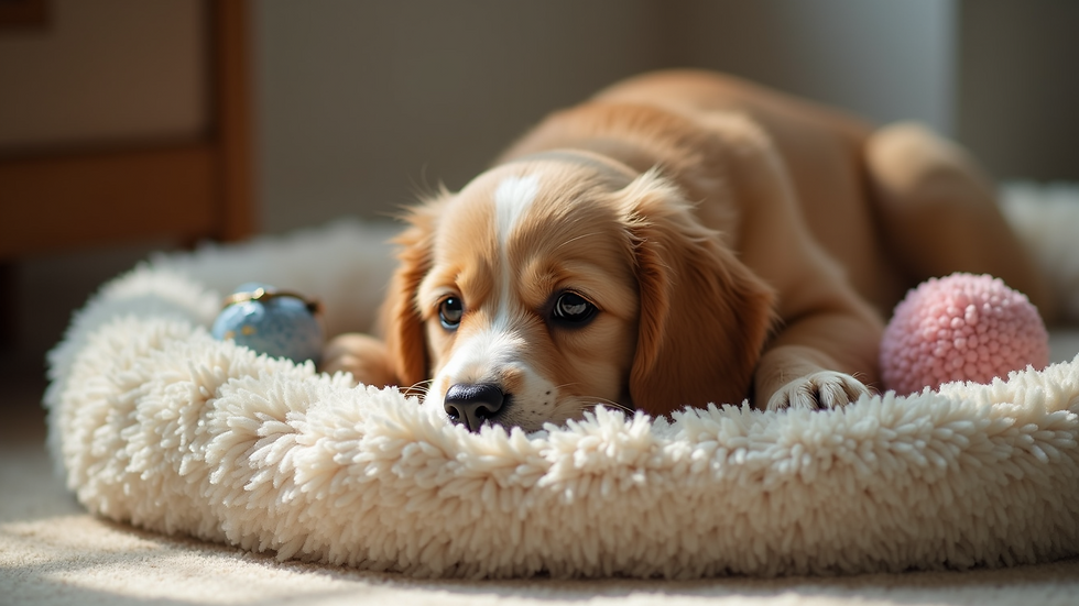 Close-up view of a cozy pet bed with toys around it