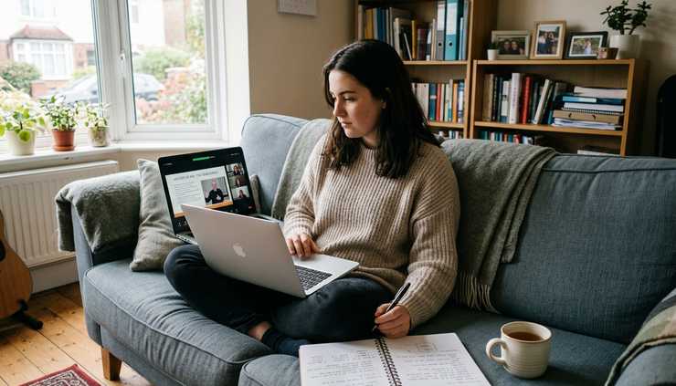 Wide-angle view of a student following an online German university lecture from a sofa at home