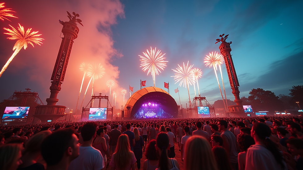 Wide angle view of a vibrant festival setup