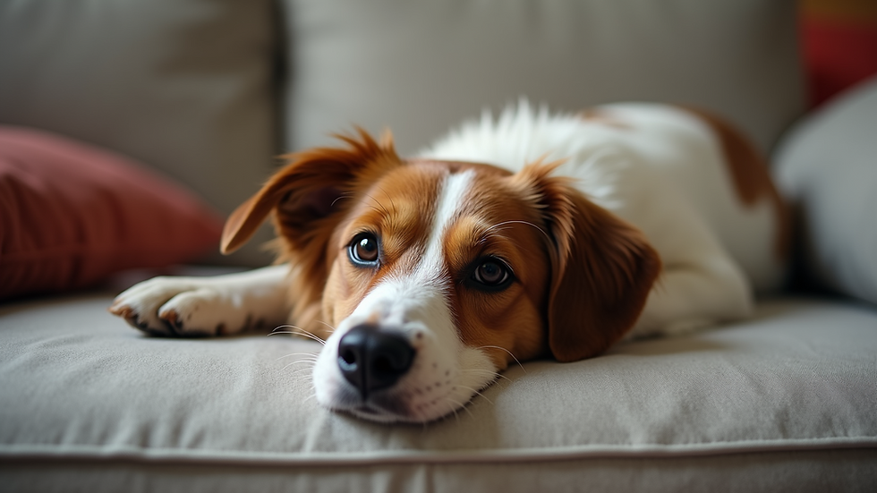 Eye-level view of a dog resting comfortably on a sofa