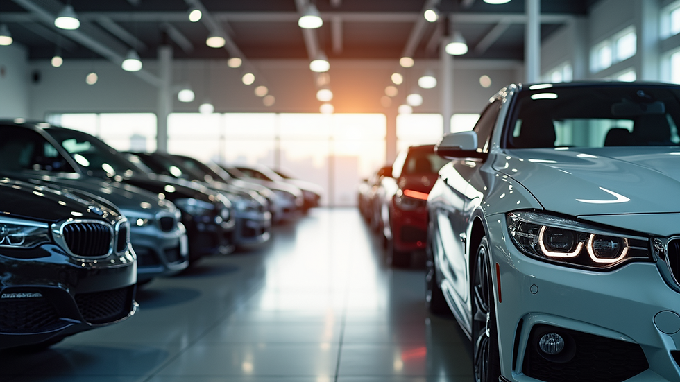 High angle view of a dealership showcasing a variety of vehicles