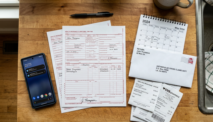 Overhead view of a phone beside completed insurance forms and a sealed envelope