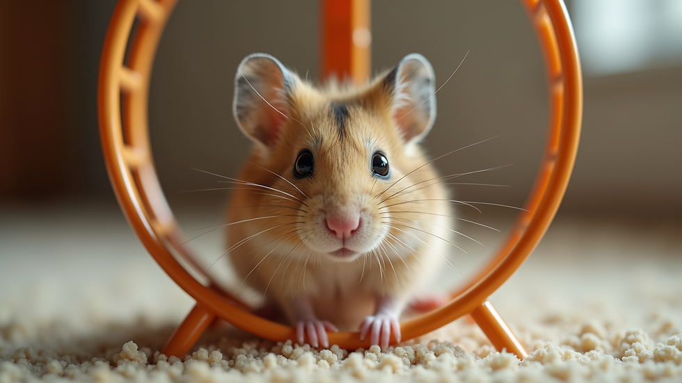 Close-up view of a hamster on an exercise wheel.
